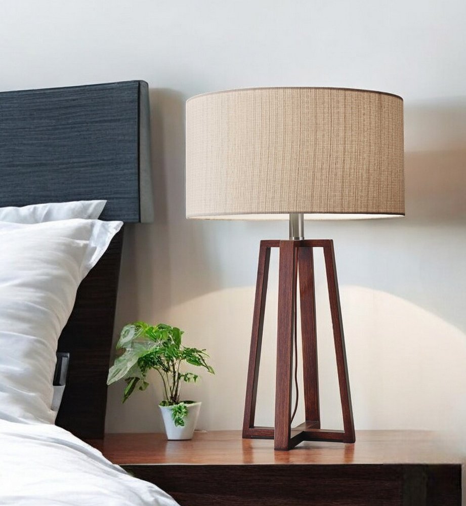 Walnut Wood Finish Linen Fabric Shade Table Lamp