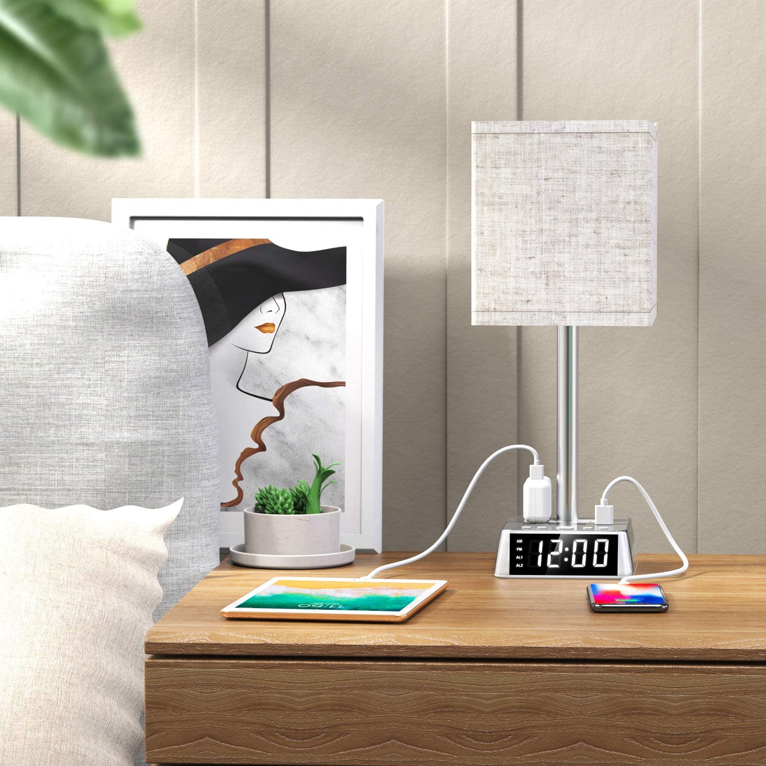Table Lamp, 4 USB Ports, AC Power Outlets, Alarm Clock